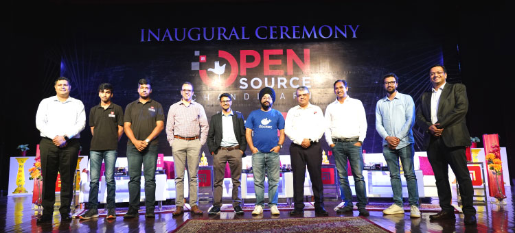 Inaugural ceremony of the Open-Source Chandigarh community on stage at Chitkara University