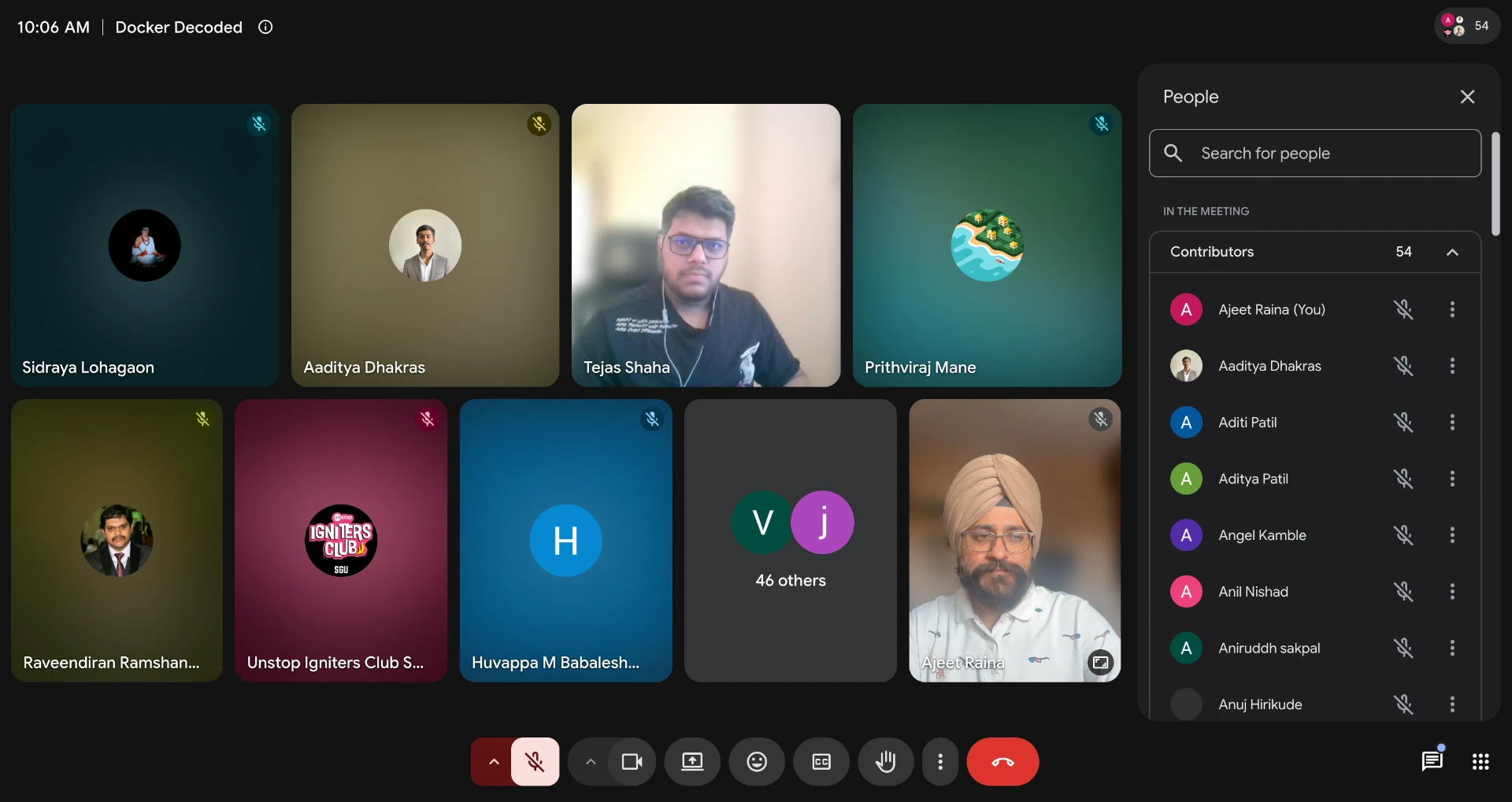 Speakers Raveendiran RR, Tejas Shah and Ajeet Singh Raina on the Docker Decoded virtual session